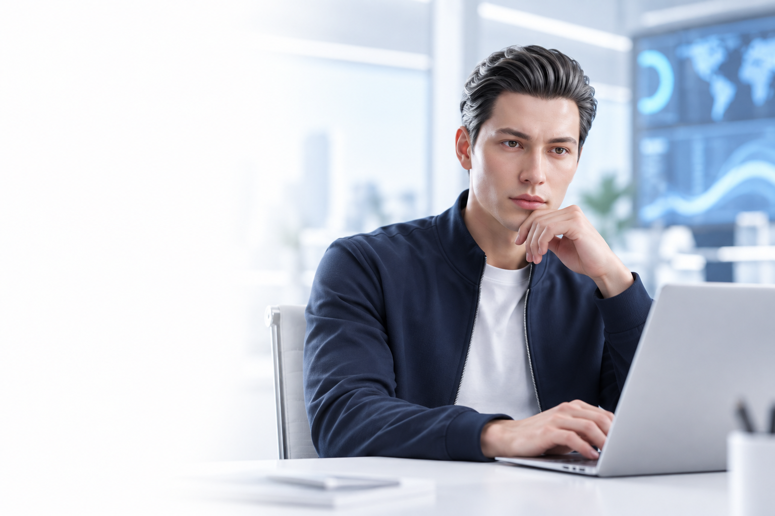 Amin, the operator intelligence character, working at a laptop