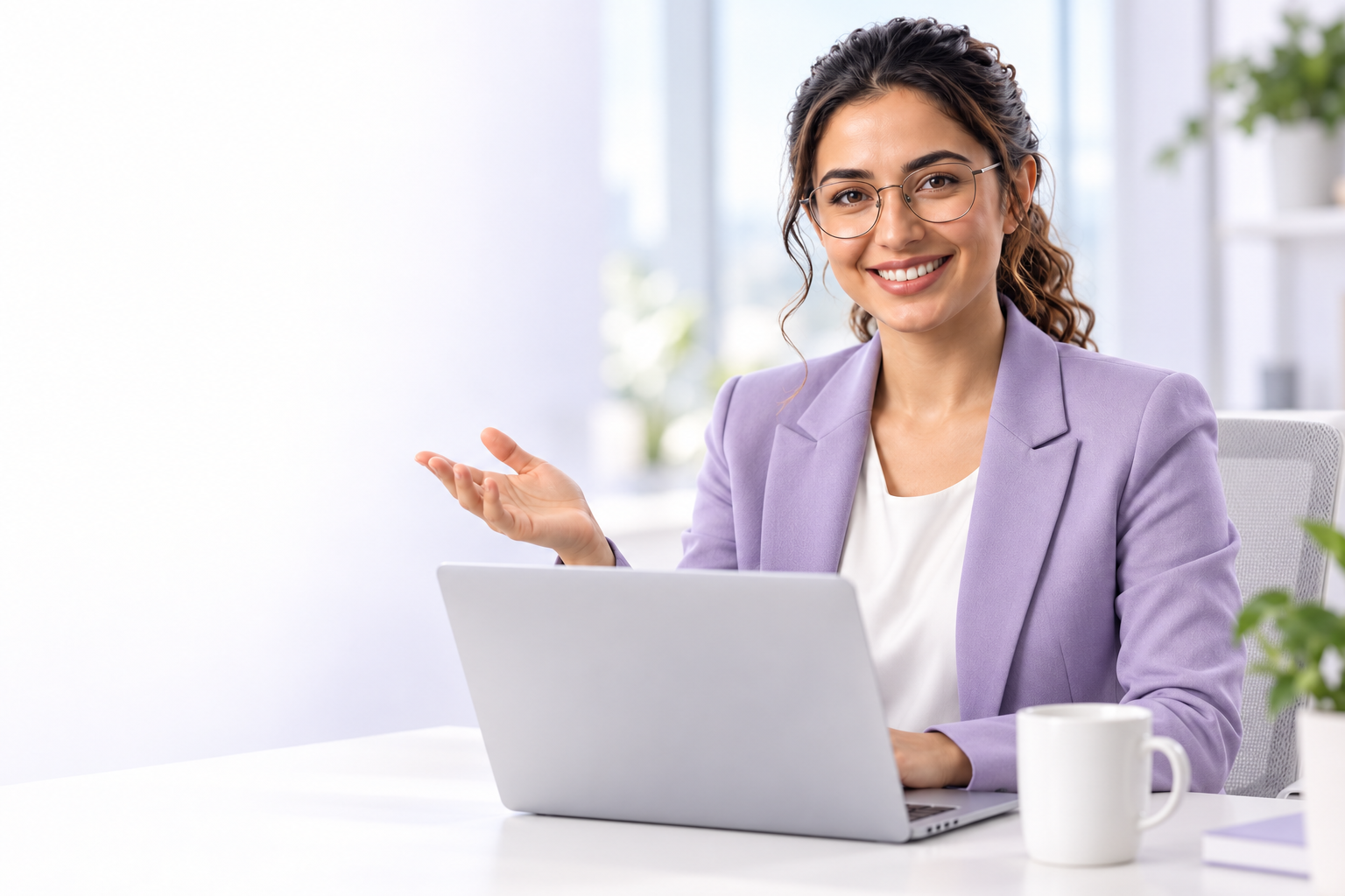 Noura, the customer intelligence character, working at a laptop
