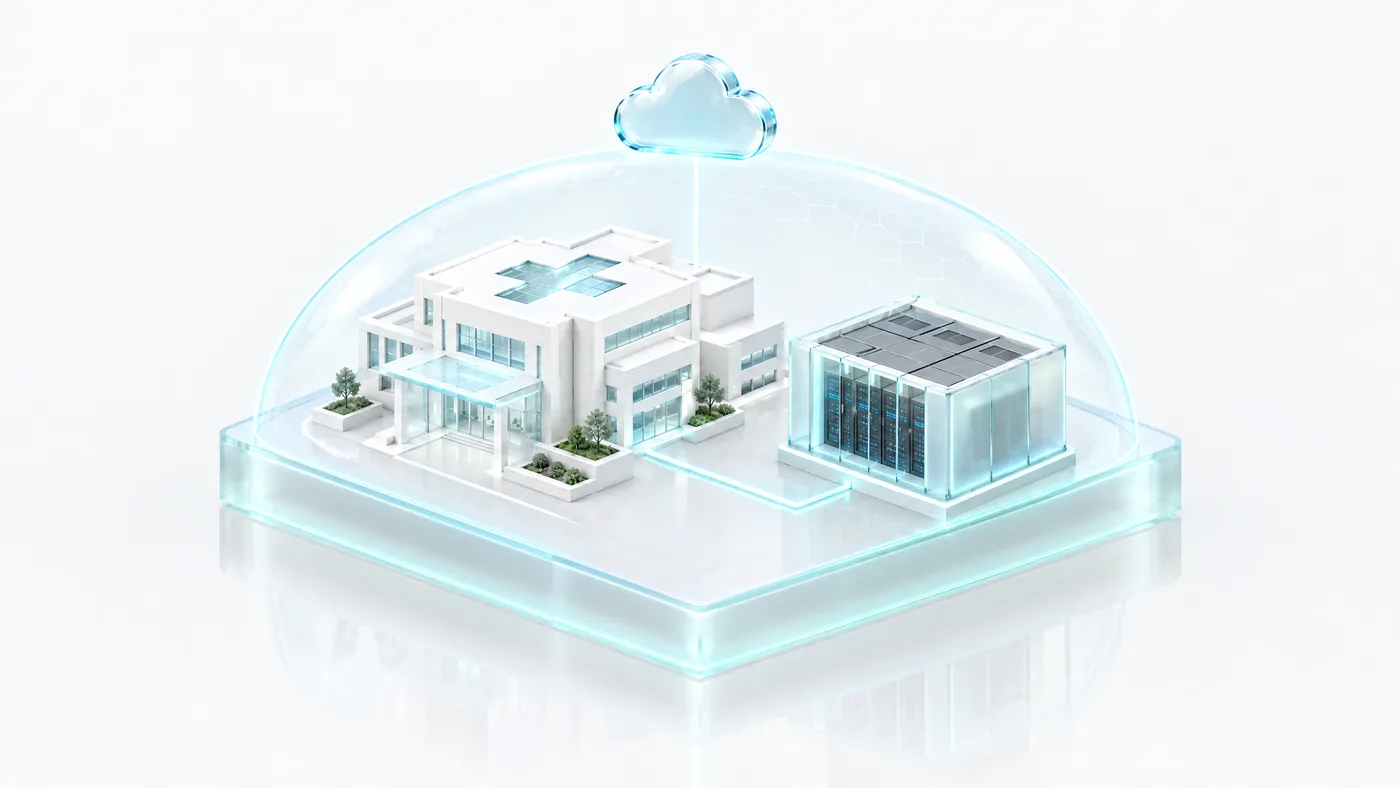 A white hospital and a frosted-glass data hall side by side under a translucent protective dome, connected to a glass cloud above